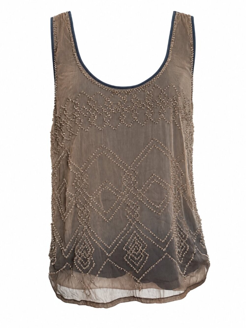 HAZEL Beaded Geometric Tank Top Taupe Slate Blue Size Small